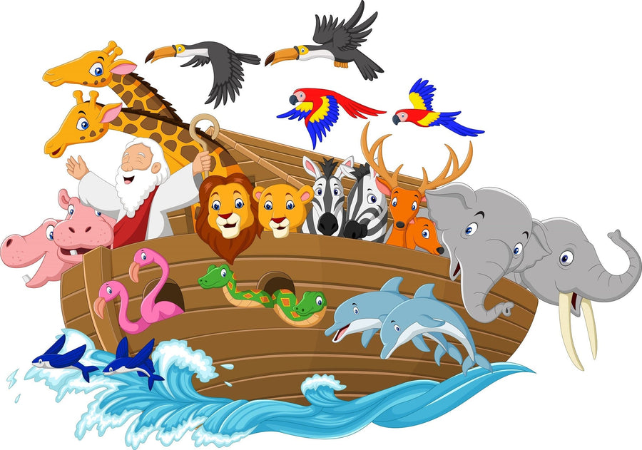A cheerful nursery features a crib, rocking horse, and the Animal Voyage Wall Mural—Noah’s Ark with cartoon animals like zebra, giraffe, lion, elephant, hippo, flamingo, deer, and birds above waves and trees.