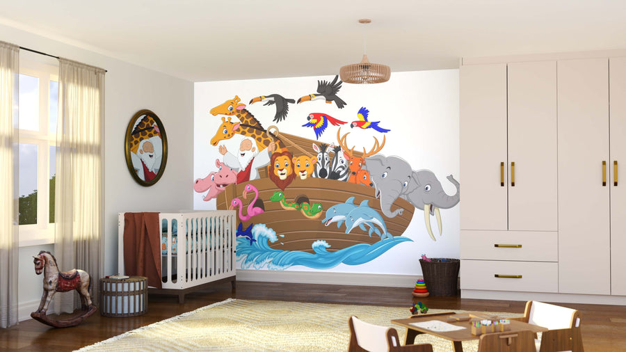 A cheerful nursery features a crib, rocking horse, and the Animal Voyage Wall Mural—Noah’s Ark with cartoon animals like zebra, giraffe, lion, elephant, hippo, flamingo, deer, and birds above waves and trees.