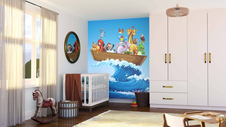 A bright nursery features a white crib, rocking horse, and wardrobe. One wall is decorated with the Animals Afloat Wall Mural. Sunlight filters through sheer curtains by the window, with a round mirror hanging nearby.