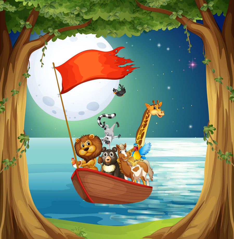 A nursery with a crib, stuffed giraffe, and toy horse features the Animals on a Boat Wall Mural—a colorful peel and stick design of cartoon animals sailing at night under the moon, framed by trees. Warm natural light brightens the space.