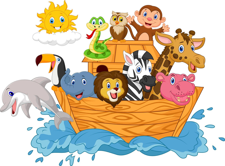 A nursery room with a crib, rocking horse, and toys. The Animals on the Ark Wall Mural features colorful cartoon animals—lion, zebra, elephant, giraffe, monkey, mouse, dolphin, tiger, pink hippo—on a wooden boat riding blue waves.