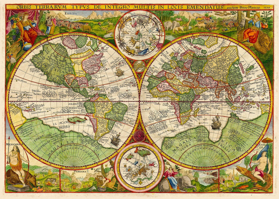Map 9 Wall Mural features a vibrant, detailed vintage 1574 world map with two large hemispheres and surrounding animal and mythological illustrations. Available as custom printed mural or removable wallpaper, it brings timeless charm to any space.