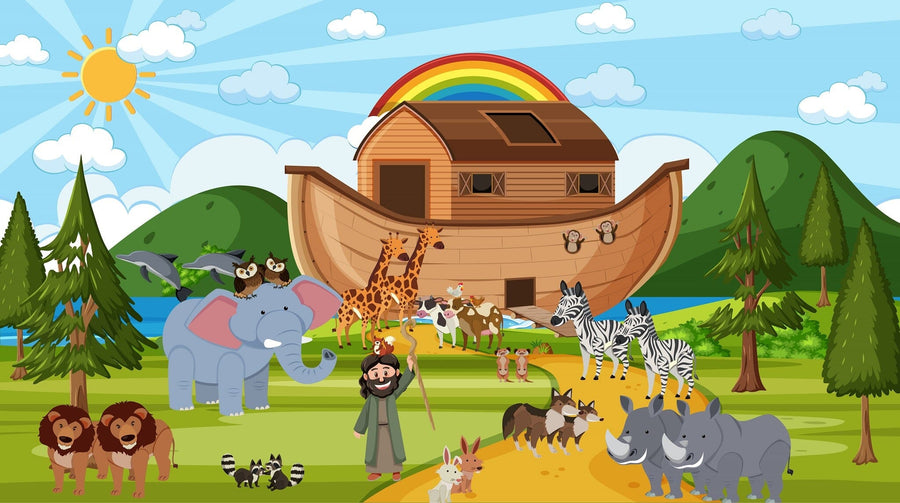 A nursery features the Ark Adventure Wall Mural with animals, a rainbow, and mountains. The room includes a crib, wicker basket, rug, toy rocking horse, light curtains, and sunlight streaming through the window.