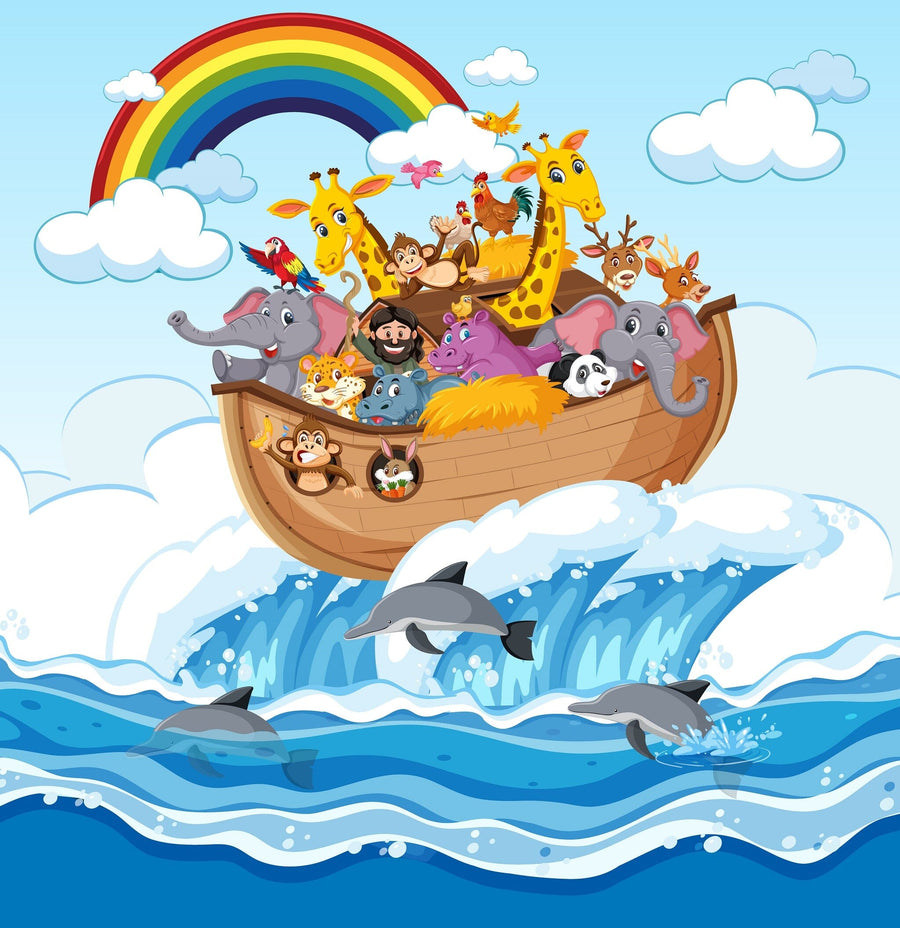 Brighten your space with the Nursery 7 Wall Mural, featuring a wooden ark of smiling cartoon animals, playful dolphins, and a vibrant rainbow. This peel and stick mural is easy to apply—perfect for custom printed wall décor.