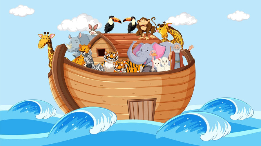 A nursery showcases the Ark of Life Wall Mural, depicting cartoon animal pairs—giraffes, elephants, and zebras—on blue waves. The space includes a crib, rug, rocking horse, toys, and natural light from a window with sheer curtains.