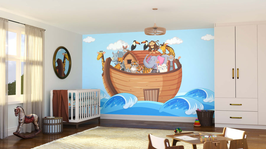 A nursery showcases the Ark of Life Wall Mural, depicting cartoon animal pairs—giraffes, elephants, and zebras—on blue waves. The space includes a crib, rug, rocking horse, toys, and natural light from a window with sheer curtains.