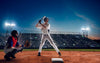 The At the Plate Wall Mural captures a batter and catcher at home plate under stadium lights, and features peel and stick adhesive backing—making it perfect as a removable wall mural for any room.