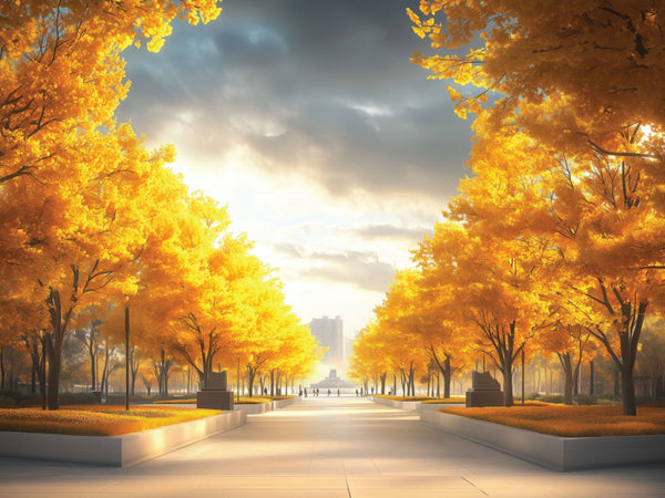 A bright walkway lined with vibrant yellow autumn trees leads to a city skyline under a dynamic sky, reminiscent of an Autumn Boulevard Wall Mural, with sunrays peeking through clouds and people strolling peacefully in the distance.