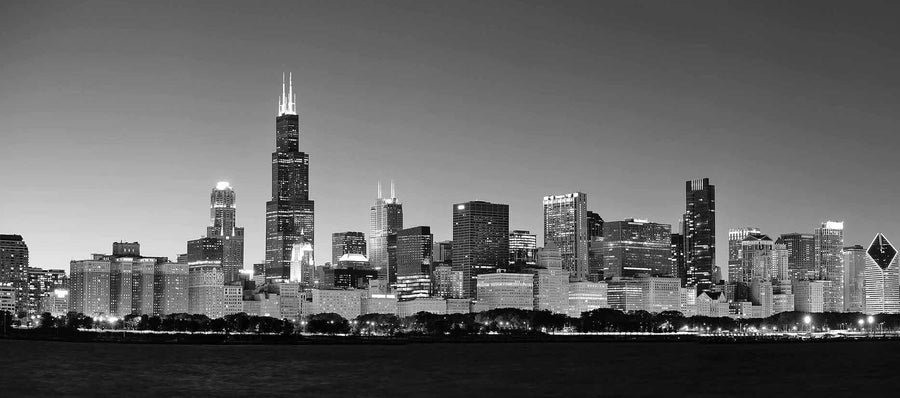 The Chicago Night Panorama Wall Mural captures a breathtaking twilight city skyline with illuminated skyscrapers set against a deep blue sky. The tallest building shines with bright pink lights at its peak, while the dark silhouettes of trees along the waterfront reflect the vibrant city lights.