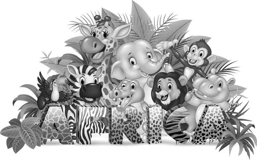 The African Animals Wall Mural showcases cartoon animals encircling "ANIMALS," with each letter featuring unique animal prints like giraffe, elephant, monkey, zebra, toucan, crocodile, lion, and hippo against lush tropical foliage. Perfect for custom printed murals or removable wallpaper.