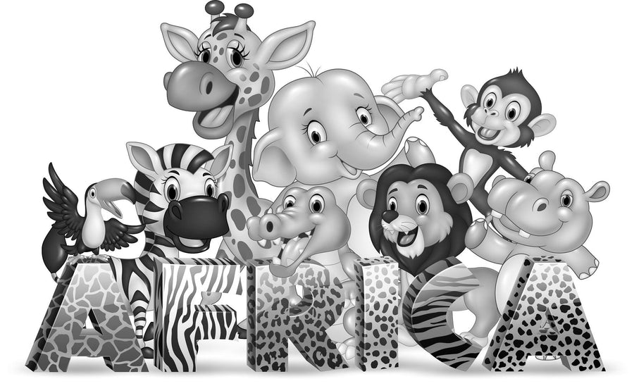 The African Wildlife Wall Mural features cartoon animals like a giraffe, elephant, monkey, and more, smiling behind the word "AFRICA." Each letter showcases animal patterns like zebra stripes and leopard spots, making it ideal for peel-and-stick wall decoration.