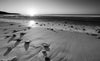 Black and white serene beach sunset with rocks scattered on the sand
