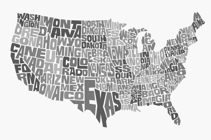 The Map 12 Wall Mural is a vibrant USA map with each state in bold letters and bright colors. "TEXAS" stands out extra large in the south-central area, perfect as a custom printed or peel and stick wall mural.