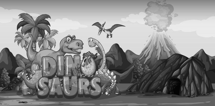 Cartoon dinosaurs surround big "DINOSAURS" letters in a fun, prehistoric setting with palm trees, mountains, and a volcano—ideal for custom-printed Nursery 6 Wall Mural in any kids' room.