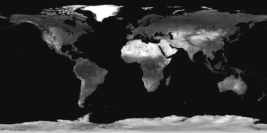 The Map 8 Wall Mural is a flat, rectangular map of Earth showing all continents and oceans in green, brown, and white tones. With detailed deserts, forests, and mountains on a dark blue ocean, it’s perfect as a custom peel and stick wall mural.