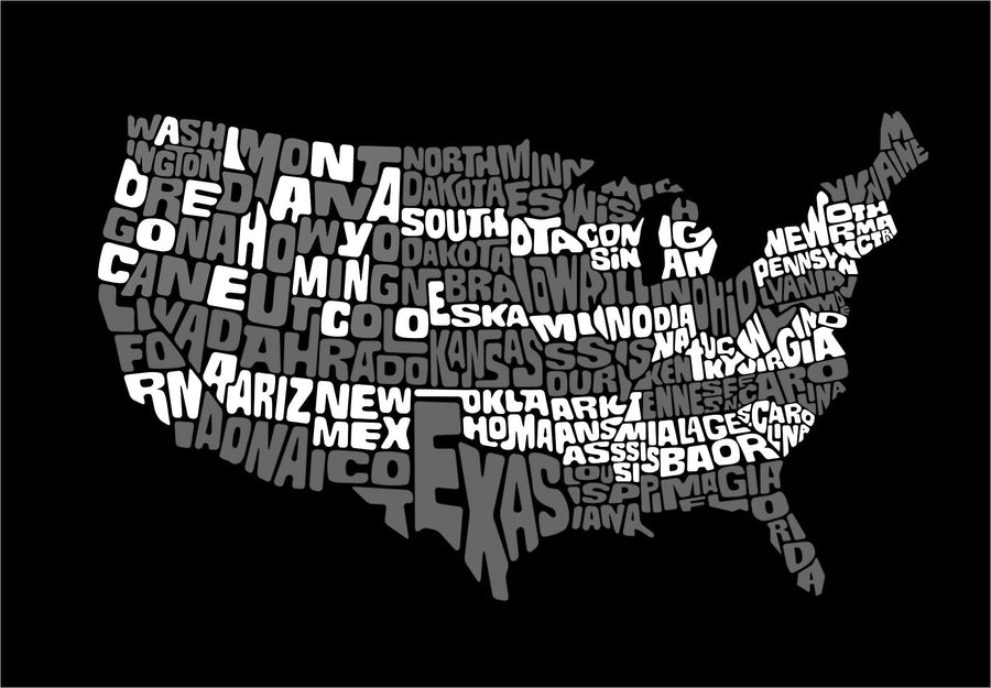Map 14 Wall Mural features a bold map of the US with each state's name in large white, red, or blue text filling its shape on a black background. Texas stands out as the largest. Ideal for removable wallpaper or custom printed murals.