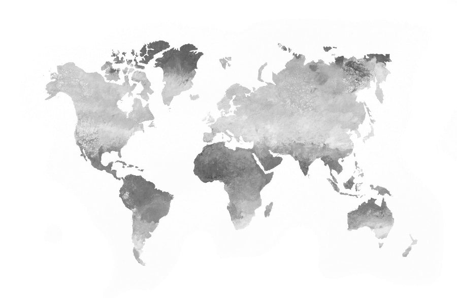 The Rainbow Earth Wall Mural is a peel and stick watercolor map with continents shaded in a blue-to-red gradient on a white background, featuring no borders or country names.