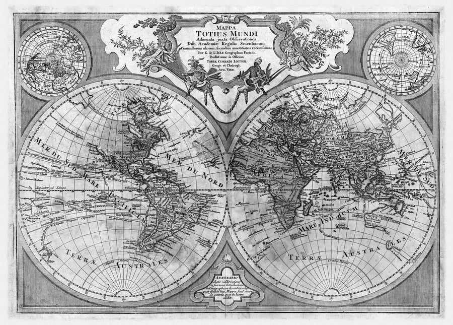 The Totius Mundi Map Wall Mural features an antique double-hemisphere map with ornate borders, Latin text, and vibrant continents in pink, green, and yellow, decorated with cherubs and scrolls. Easy peel-and-stick removable wallpaper.