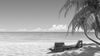Black and white two beach chairs on idyllic tropical white sand  – Peel and Stick Wall Murals
