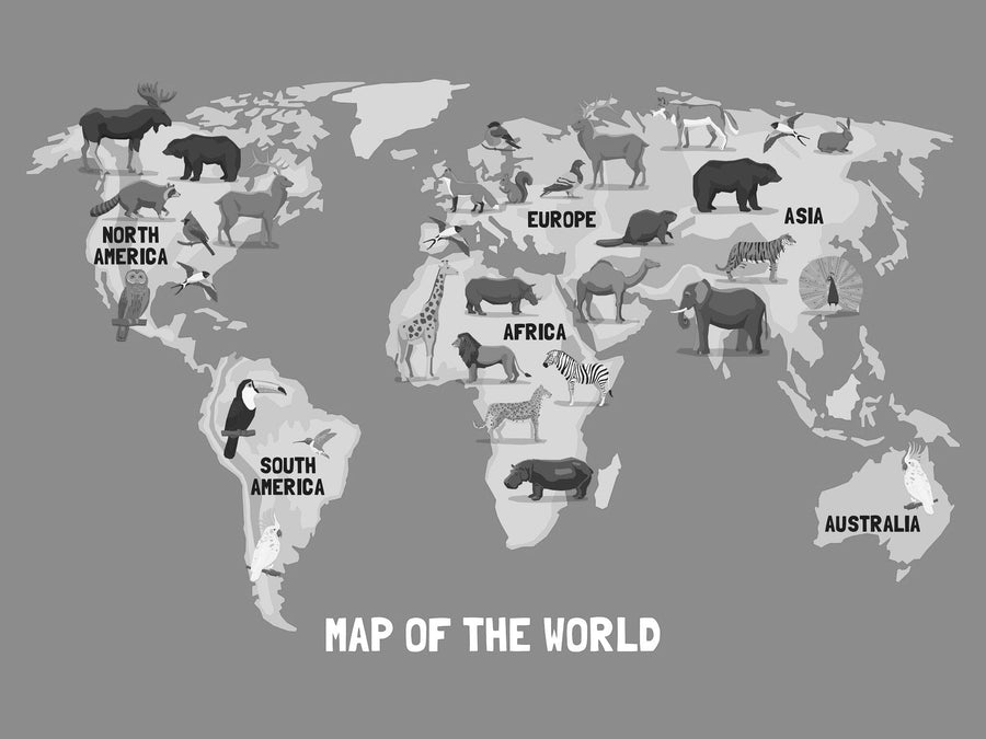 The World Animal Map Wall Mural features an illustrated map with animals like a moose in North America, llama in South America, bear in Europe, panda in Asia, lion in Africa, and kangaroo in Australia. Set against a blue ocean backdrop, it's ideal for creating a playful "Map of the World" display as a peel and stick mural!.