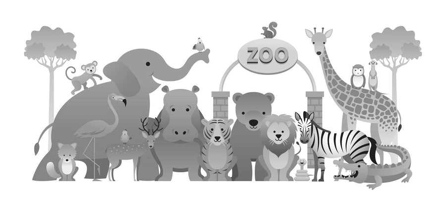 The Nursery 13 Wall Mural features cartoon zoo animals with trees behind them, ideal for decorating kids' spaces with a playful touch using custom printed murals or removable wallpaper for easy updates.