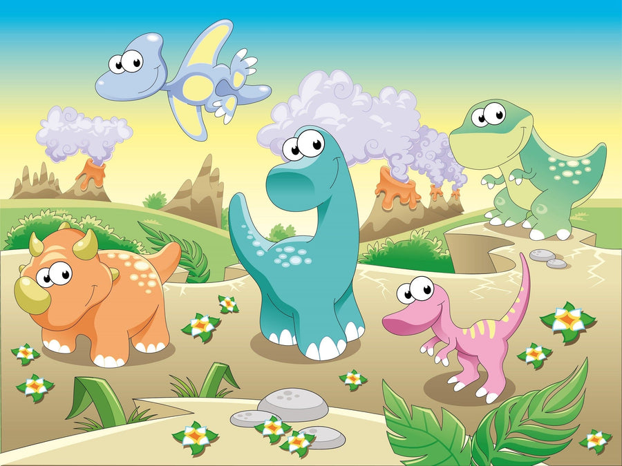 A nursery with a crib, white wardrobe, mirror, rocking horse, and basket features the Baby Dinos Wall Mural—smiling cartoon dinosaurs and birds in a whimsical prehistoric scene under a bright sky. Sunlight pours through the window.
