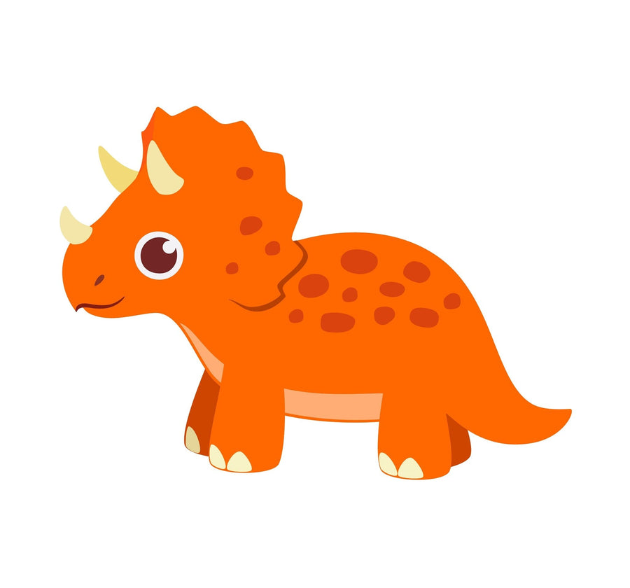 A bright nursery features a large Baby Triceratops Wall Mural, a crib, round mirror with dinosaur motif, white cabinets, wicker basket, rocking horse, and beige rug on wooden floors.