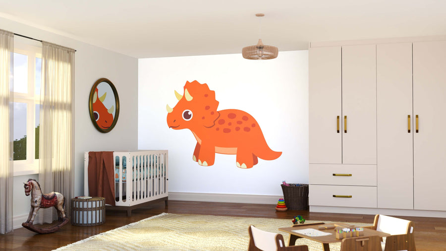 A bright nursery features a large Baby Triceratops Wall Mural, a crib, round mirror with dinosaur motif, white cabinets, wicker basket, rocking horse, and beige rug on wooden floors.