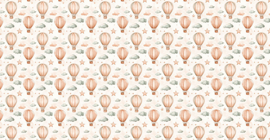 A bright nursery with wooden floors, a crib, and playful baskets. The back wall features the Balloon Voyage Wall Mural with pastel hot air balloons and stars. Light curtains frame the window, and a small table and chairs are in the foreground.
