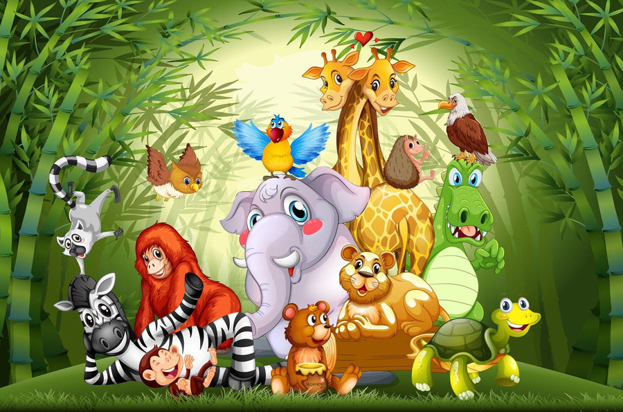 A bright nursery with a crib, rocking horse, and wardrobe features the "Bamboo Jungle Friends Wall Mural" of colorful cartoon animals on the back wall. Sunlight streams through sheer-curtained windows, adding warmth to the playful space.