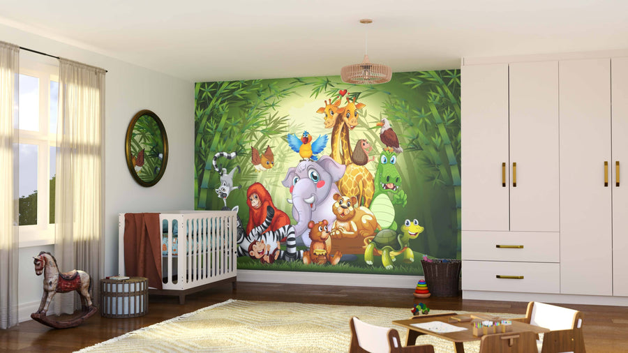 A bright nursery with a crib, rocking horse, and wardrobe features the "Bamboo Jungle Friends Wall Mural" of colorful cartoon animals on the back wall. Sunlight streams through sheer-curtained windows, adding warmth to the playful space.