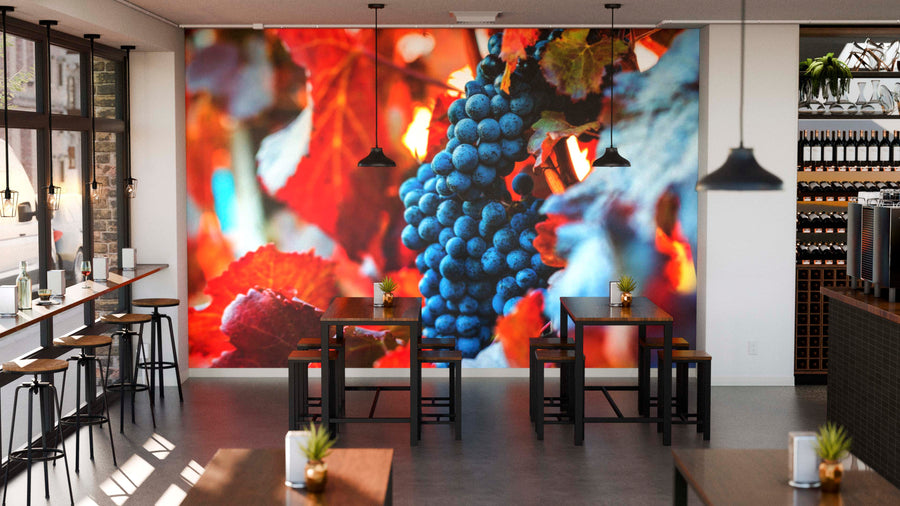 A modern café with wooden tables and stools features the vibrant Autumn Grapes Wall Mural, showing grape clusters and red leaves. Pendant lights, window seating, and bottle-lined shelves add to the cozy, inviting atmosphere.
