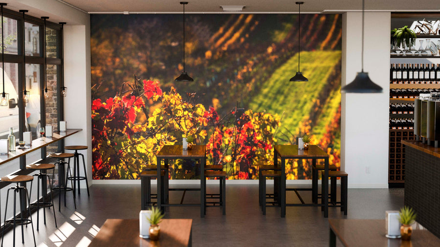 A modern café features tall windows, wooden tables and chairs, black pendant lights, and a vibrant Autumn Vineyard Glow Wall Mural. On the right, shelves display wine bottles and glasses.