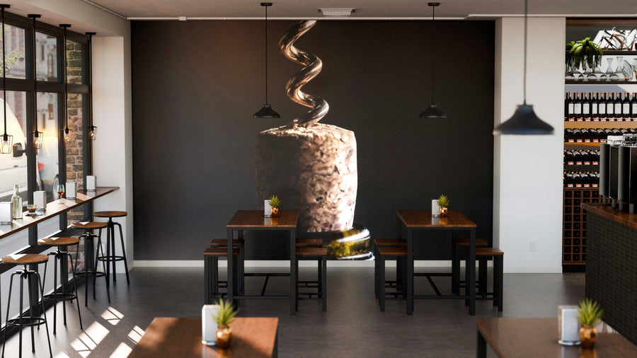 A modern restaurant with wooden tables, black chairs, and pendant lights features a Corkscrew Wall Mural showing a cork being pulled. Wine bottles line shelves on the right.