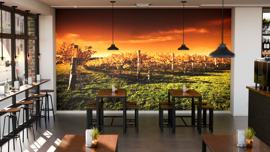 Modern café interior with wooden tables, black chairs, and pendant lights. The back wall displays the Golden Vineyard Sunset Wall Mural, filling the space with warm vineyard hues as sunlight streams through the left-side windows.