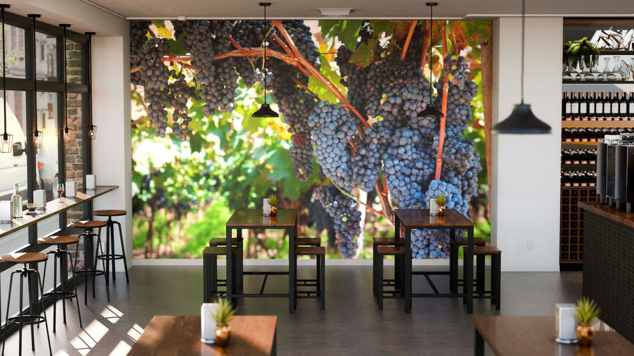 A modern café with wooden tables, black chairs, and shelves of bottles features the Grape Vines Wall Mural—a peel and stick design showing lush grapevines with dark purple grapes, adding character beneath pendant lights.