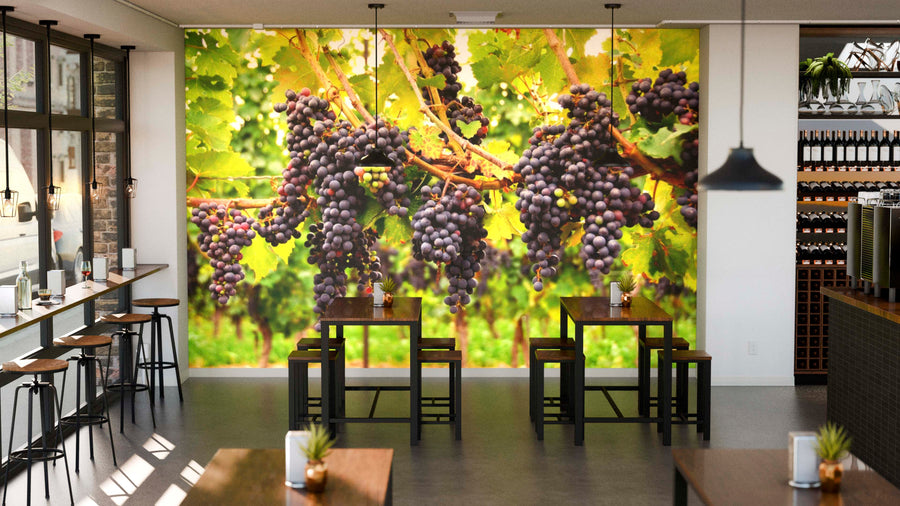 Modern café interior with wooden tables and stools, featuring the Grapes Galore Wall Mural—peel-and-stick decor showcasing ripe purple grapes on vines. Shelves with bottles and plants complete the cozy vineyard-inspired atmosphere.