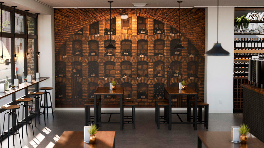 A modern café interior with high stools by large windows and dark wooden tables features the Stone Vault Wall Mural on the back wall, resembling an old wine cellar, while small plants decorate the tables.
