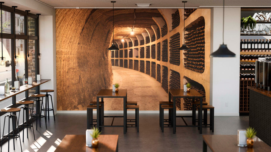 A modern café with wooden tables, black stools, pendant lights, and potted plants. The back wall displays the Underground Cellar Wall Mural, adding depth and enhancing the space’s inviting ambiance.