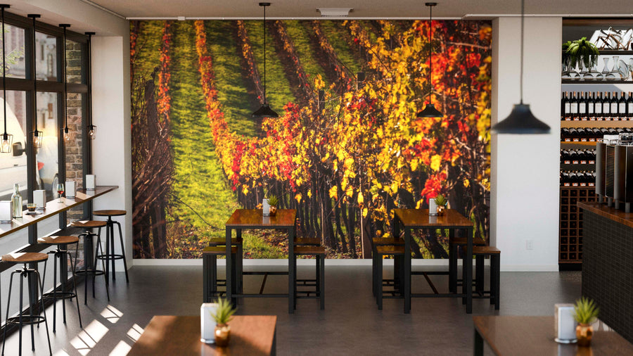 A cozy café interior with wooden tables, black stools, and pendant lights features the Vineyard in Fall Wall Mural as a focal point. Small plants decorate the tables, while large windows flood the space with natural light.