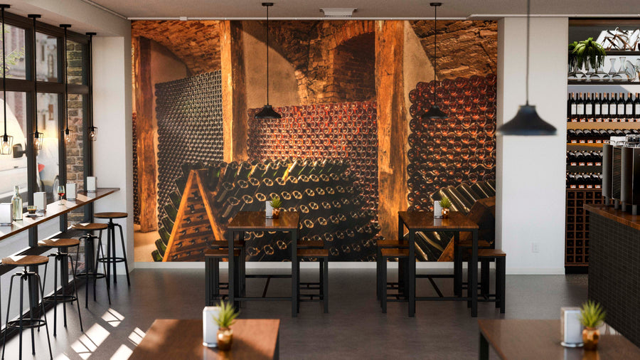 Modern cafe interior with tall windows, wooden furniture, and potted plants. A "Wine Barrels and Champagne Bottles Wall Mural" decorates the back wall. Pendant lights provide a cozy ambiance throughout the space.