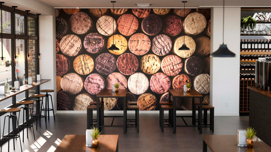 A modern café with wooden tables, chairs, potted plants, and large left windows features a Wine Corks Wall Mural on the back wall. Pendant lights complete the cozy atmosphere.
