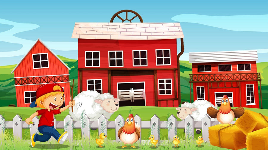 A nursery features the Barnyard Adventures Wall Mural with red barns, sheep, and chickens. A white crib, round organizer, wicker basket, and toys sit on a tan rug. Sunlight filters through sheer curtains beside a round mirror.