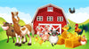 The Barnyard Friends Wall Mural showcases a cartoon farm scene with a red barn, brown and white horse, cow, pigs, chicks, sheep, and rooster. It features rolling green hills under a blue sky with hay bales in the foreground and a black bird above—ideal for custom printed or peel and stick wall murals.