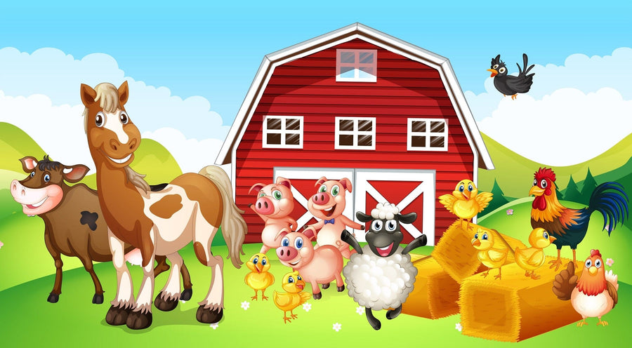 A nursery features the Barnyard Friends Wall Mural, a colorful farm-themed peel and stick design with a red barn, horse, cow, piglets, sheep, chickens, and hay. A crib, mirror, basket, toys, sunlight, and neutral décor complete the scene.