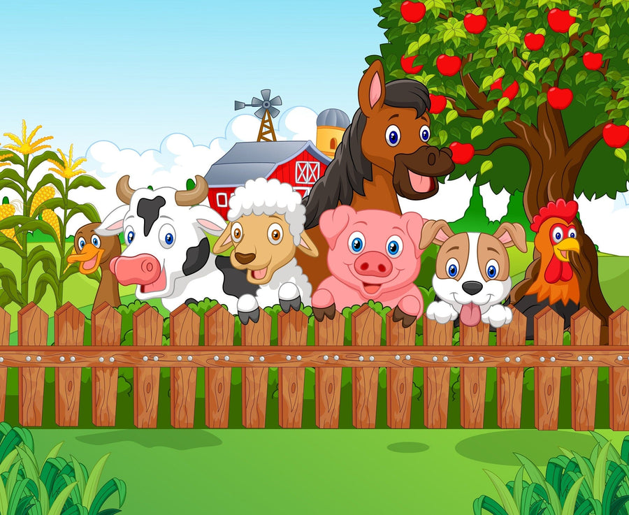 A bright nursery with a crib, round mirror, and toy basket features the Barnyard Friends Wall Mural—peel and stick cartoon farm animals like a cow, sheep, pig, horse, cat, dog, and chicken by a fence, apple tree, cornfield, and barn.