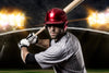 The Baseball 10 Wall Mural features a player in a red helmet and striped jersey ready to bat under bright stadium lights, creating a dramatic peel and stick wall mural perfect for energizing your home or office.