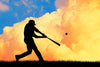The Batter at Dusk Wall Mural shows a baseball player swinging on grassy ground under bold yellow, orange, and blue clouds—perfect as a vibrant peel and stick wall mural capturing the dramatic moment at dusk.