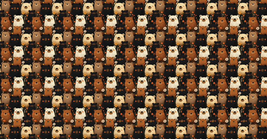A nursery room features a white crib, a round mirror, and a feature wall decorated with the Bear Family Wall Mural, showing repeating cartoon bear faces in brown, beige, and white. Sunlight streams in through sheer curtains.