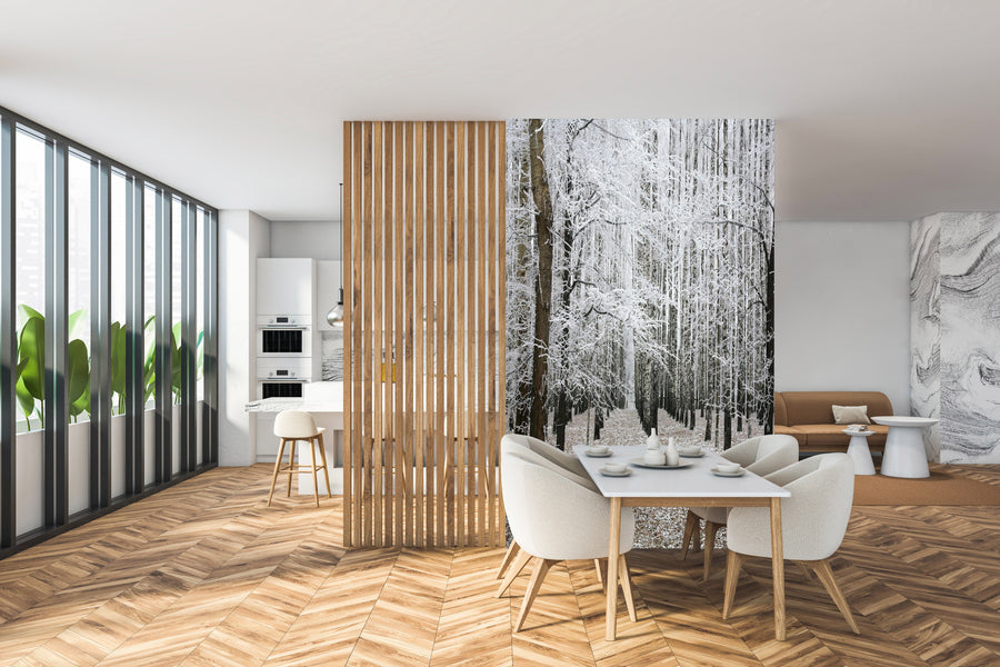 The "Winter Trees Dusting with Snow Wall Mural" depicts a serene winter forest with thin, leafless trees covered in white frost. A narrow path through lightly dusted snow creates a symmetrical and ethereal landscape conveying stillness and quiet beauty.